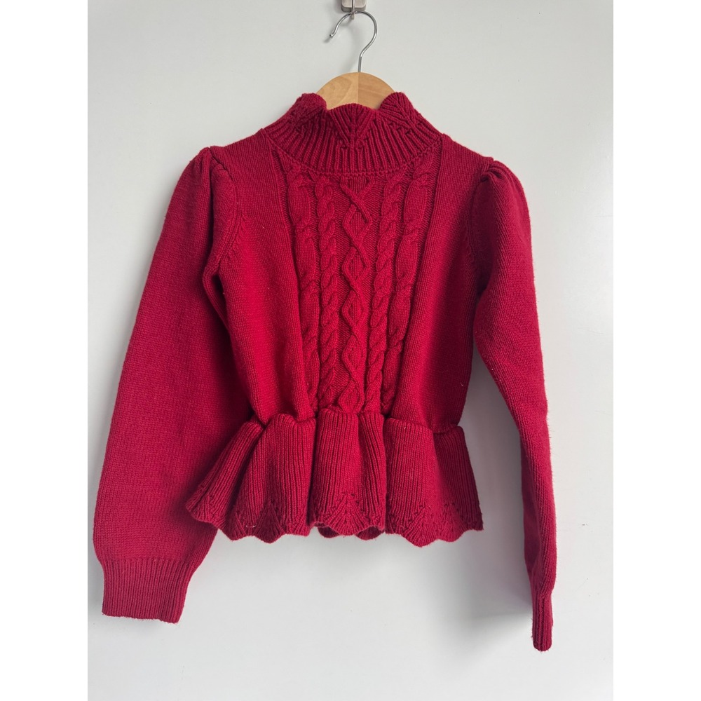 J.Crew Sharin Cable-Knit Peplum Sweater Red Mock Neck Button Back holiday party